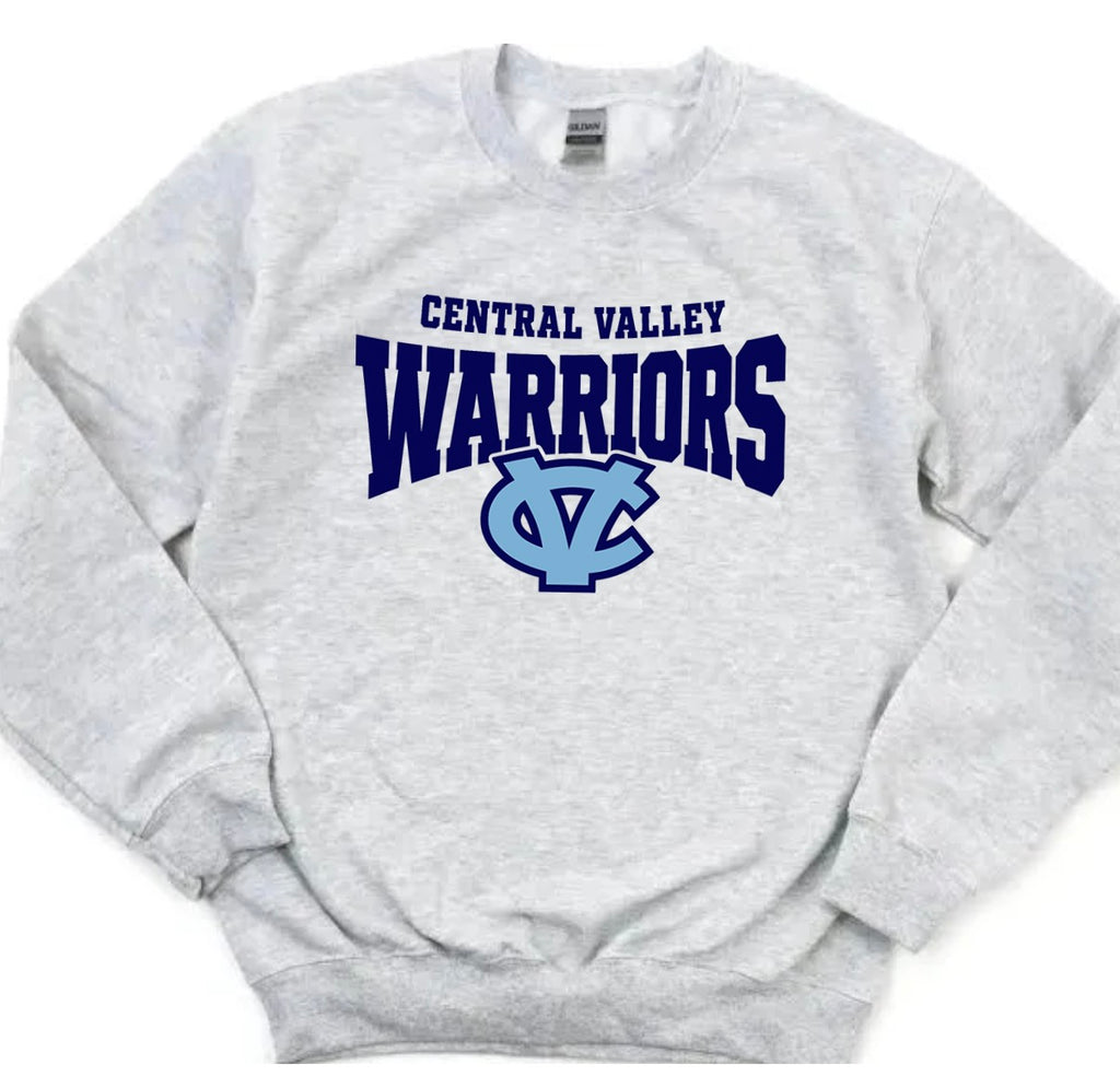 A light gray crewneck sweatshirt with a navy blue and Carolina blue graphic that says 'CENTRAL VALLEY WARRIORS' with a 'CV' logo.