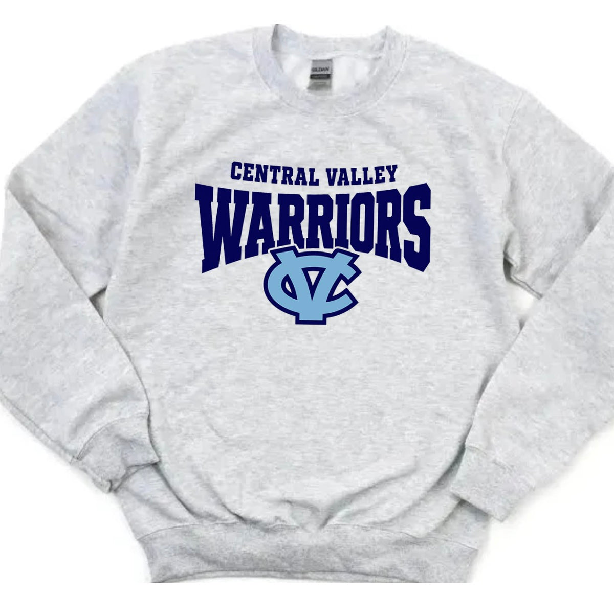 A light gray crewneck sweatshirt with a navy blue and Carolina blue graphic that says 'CENTRAL VALLEY WARRIORS' with a 'CV' logo.